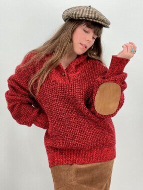 Vintage 70s AE Red Wool Elbow Patch Shawl Collar Sweater American Eagle | L/XL